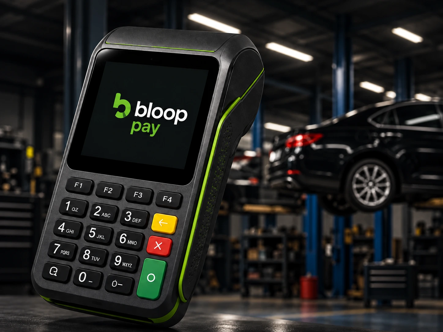 Maquininha Bloop Pay preta e verde em uma oficina automotiva