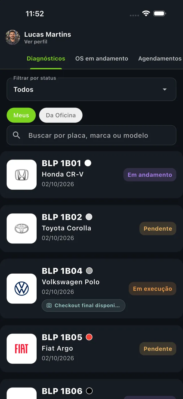 Atendimentos do dia no app Mecânico Bloop