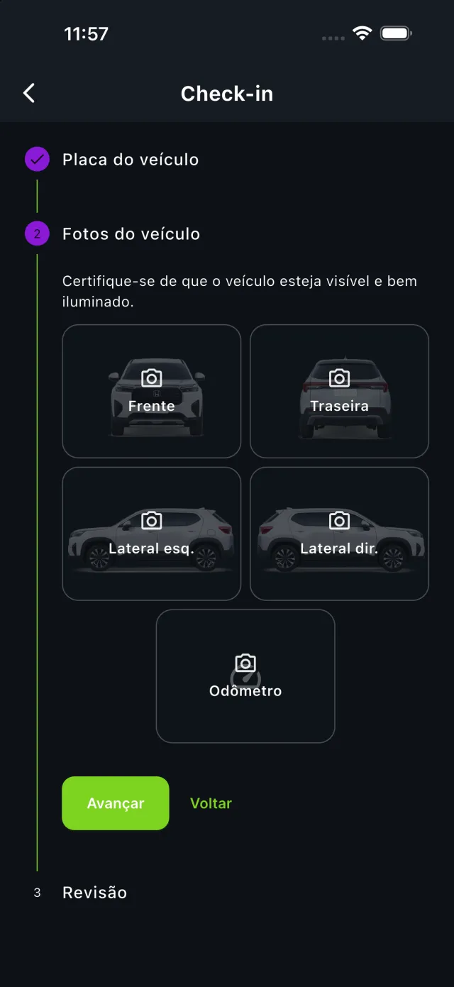 Check-in do veículo com fotos no app Mecânico Bloop