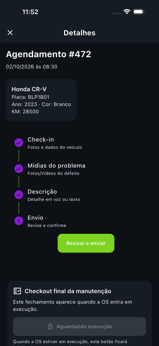 Detalhes de um agendamento no app Mecânico Bloop