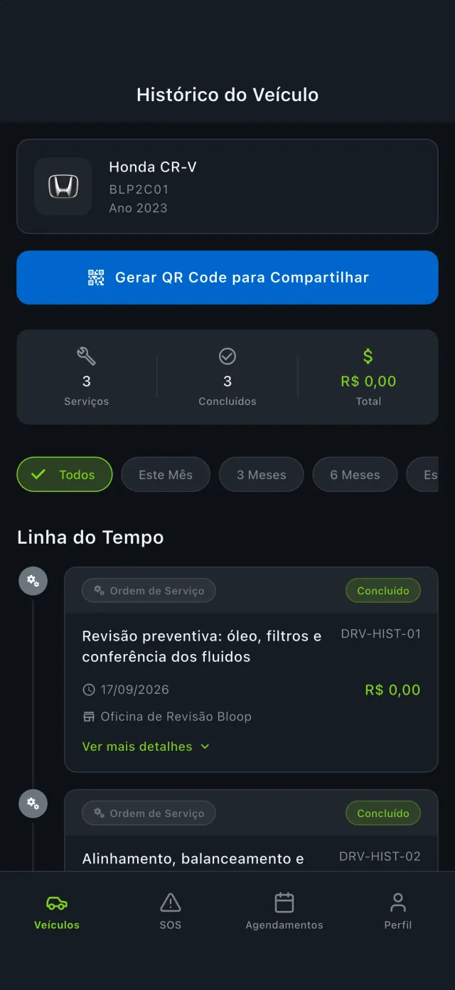 Histórico do veículo no app Motorista Bloop