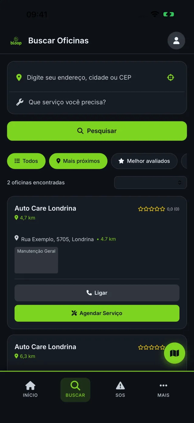 Busca de oficinas no app Bloop Brasil